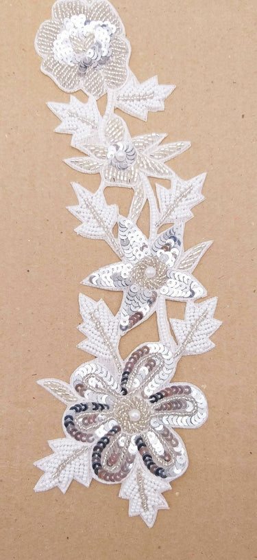Silver and White Floral Applique Hand Embroidered with Silver Sequins, White Beads and Silver Bugle Beads, Wedding Applique